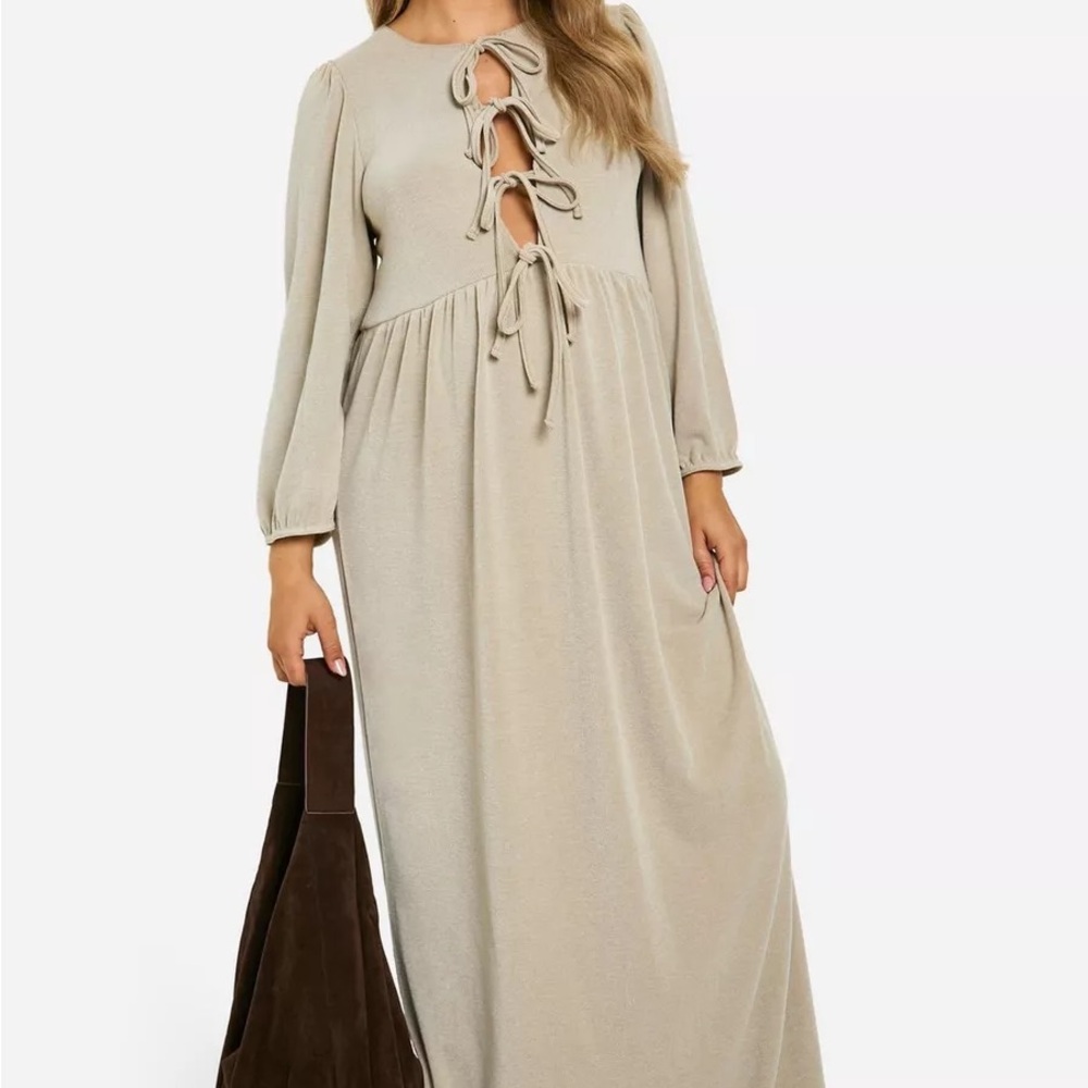 Boohoo Beige Long Sleeve Dress